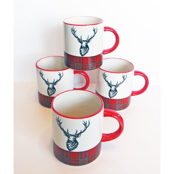 4 Stag Holiday Mugs / Christmas / Red & Green Plaid NEW / Deer/ Ceramic - Picture 1 of 5